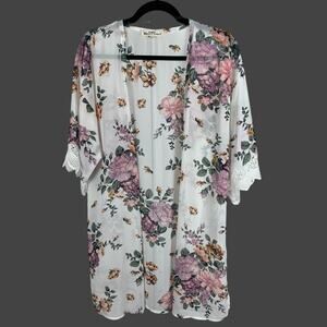 WallFlower Floral White Kimono Cardigan Size Small Lace Trim Sheer Boho Duster